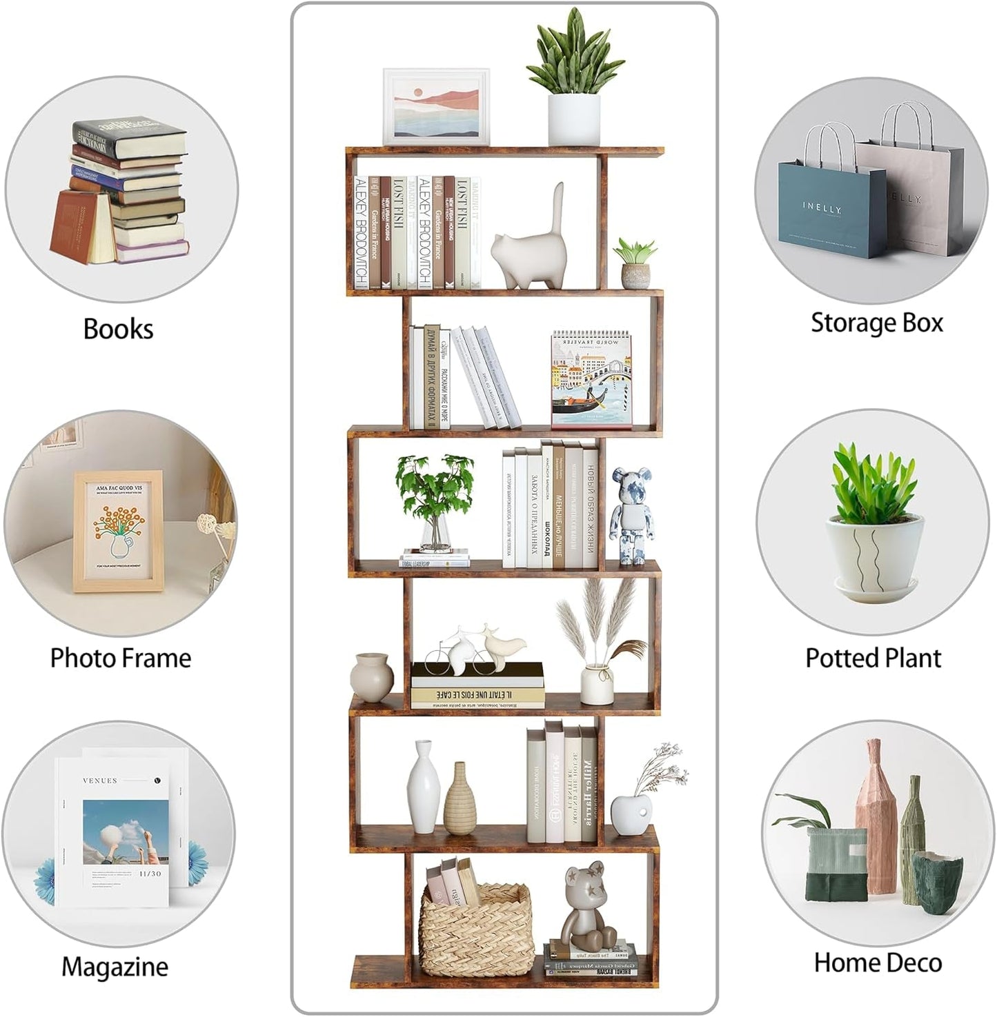 Wooden shelf with various decorative items including books, a photo frame, storage box, potted plants, and home decor.