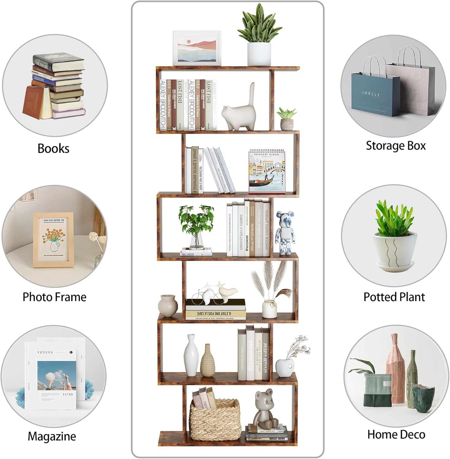 Wooden shelf with various decorative items including books, a photo frame, storage box, potted plants, and home decor.