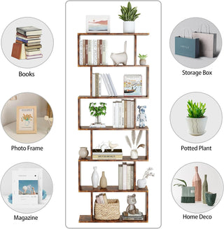 Wooden shelf with various decorative items including books, a photo frame, storage box, potted plants, and home decor.
