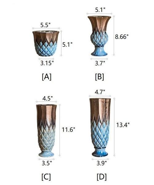 Dimensions of decorative vases with measurements labeled