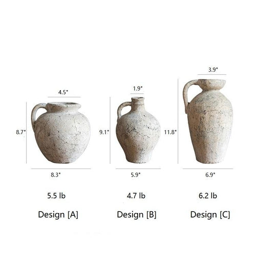 Three ceramic jars with measurements and weights on a white background