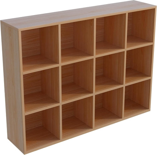 Wooden bookshelf with multiple compartments on a white background