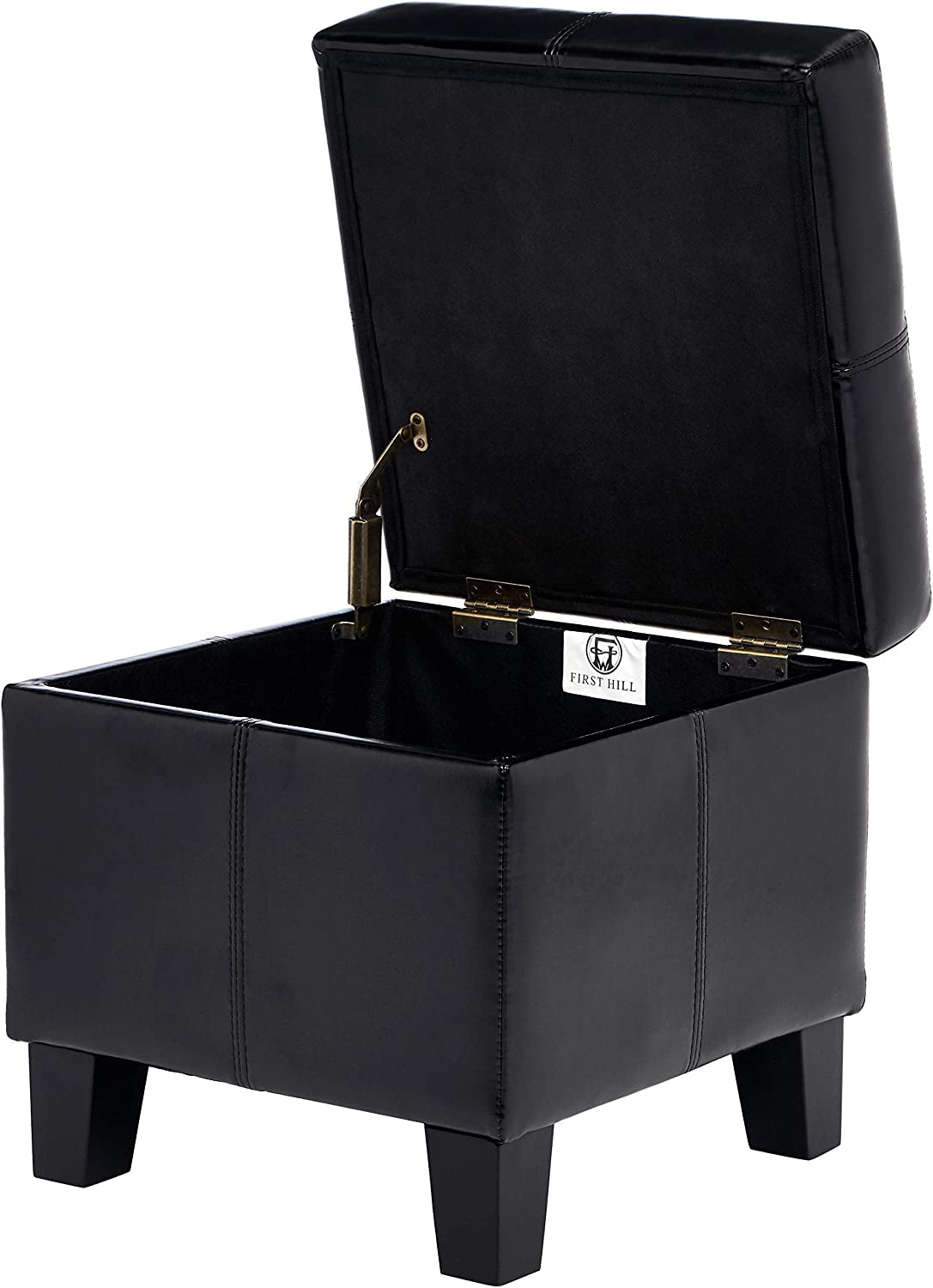 Black storage ottoman with open lid on a white background