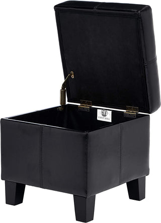 Black storage ottoman with open lid on a white background