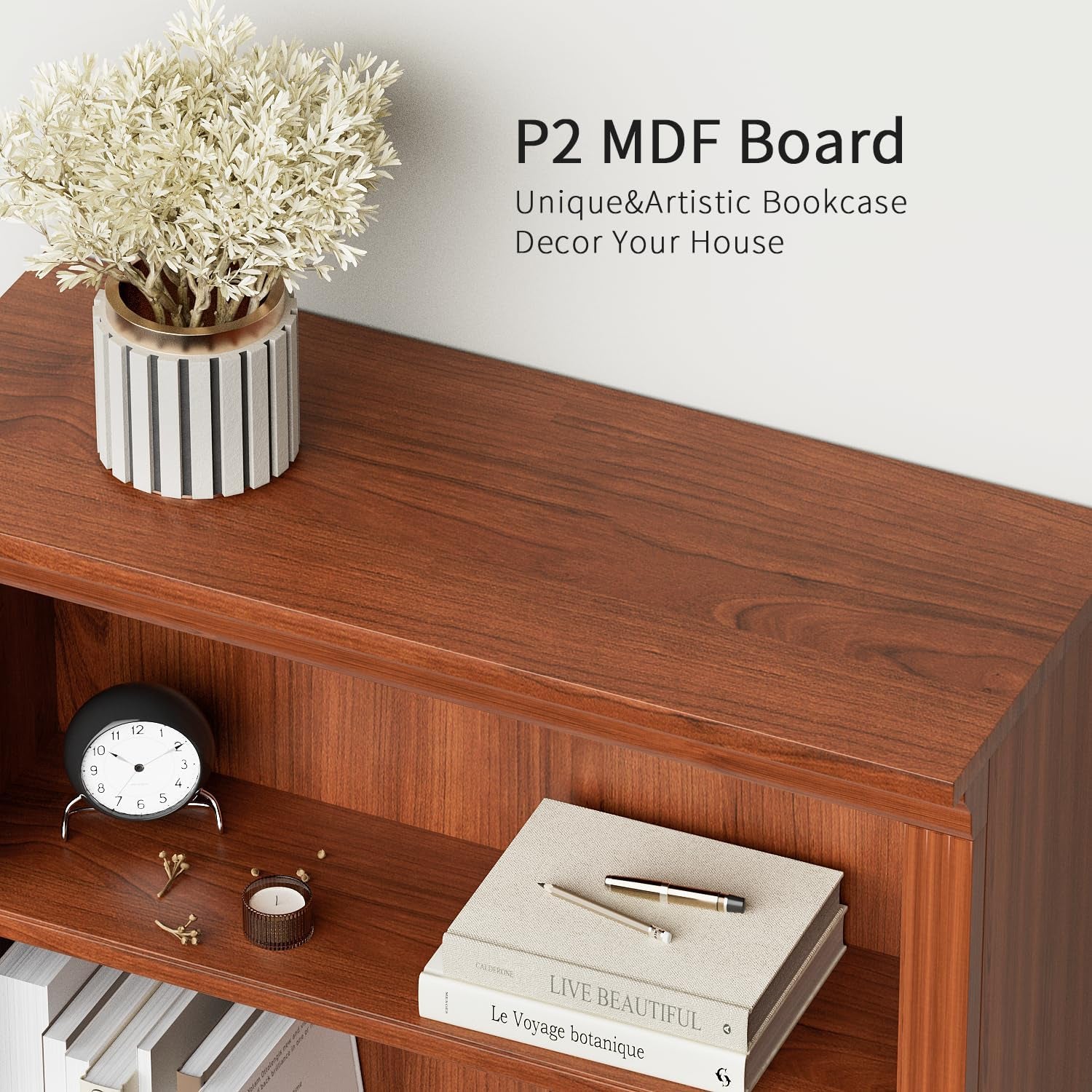 Wooden bookshelf with decorative items on a white background, featuring 'P2 MDF Board' text.