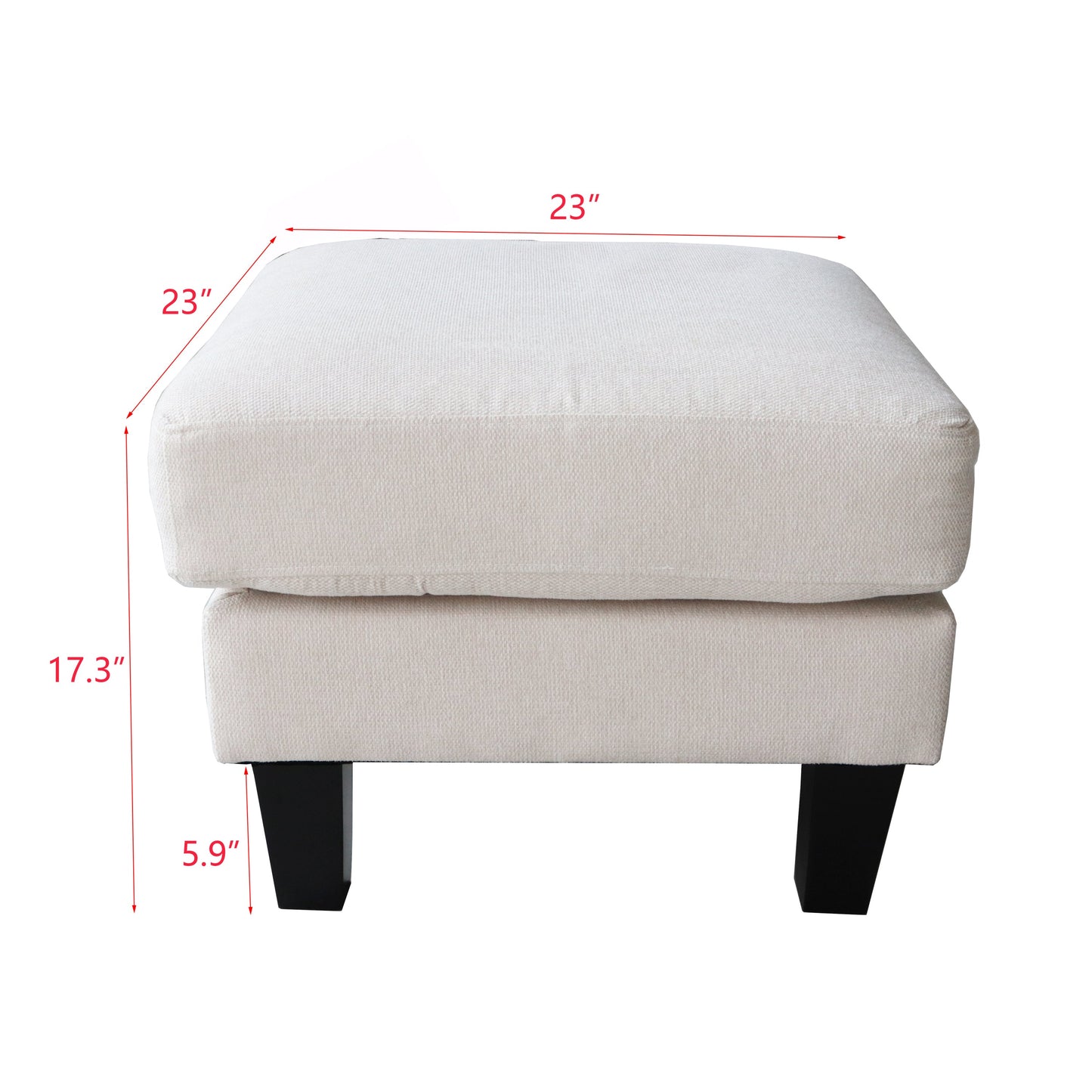 Beige ottoman with dimensions marked on a white background