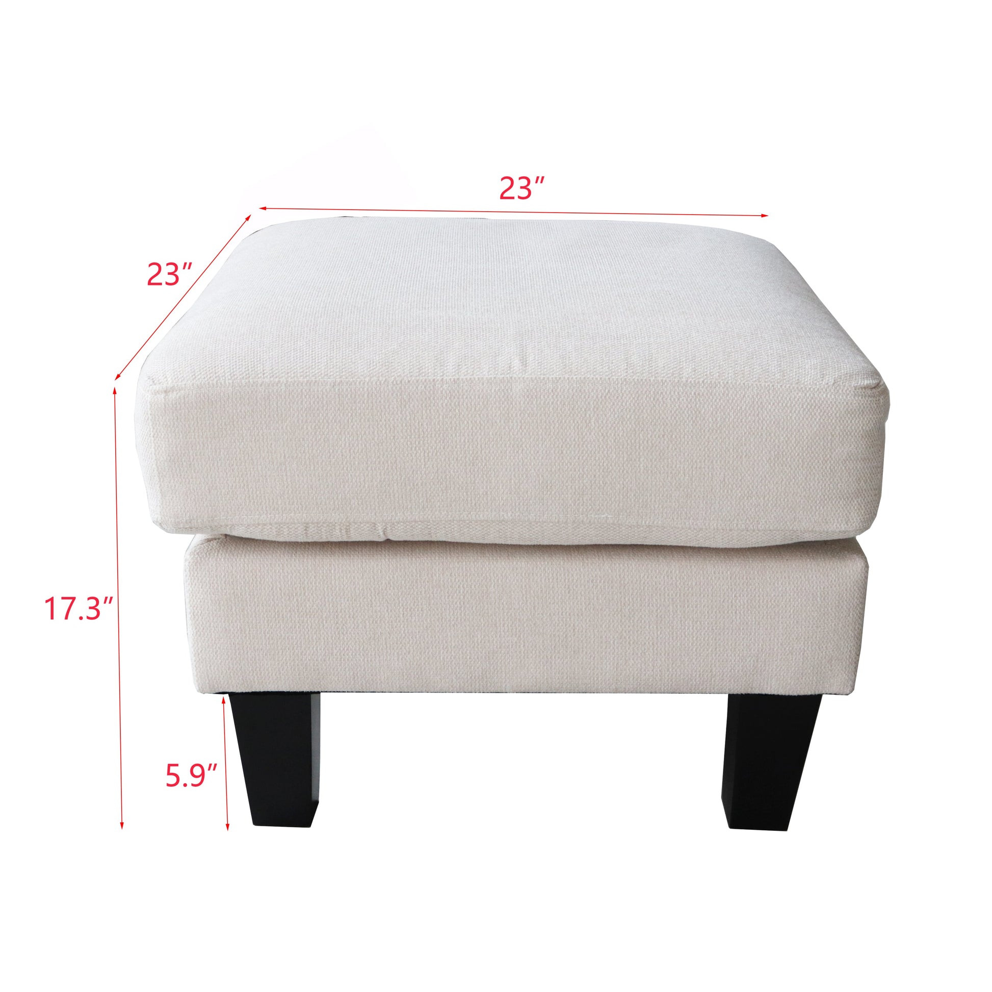 Beige ottoman with dimensions marked on a white background
