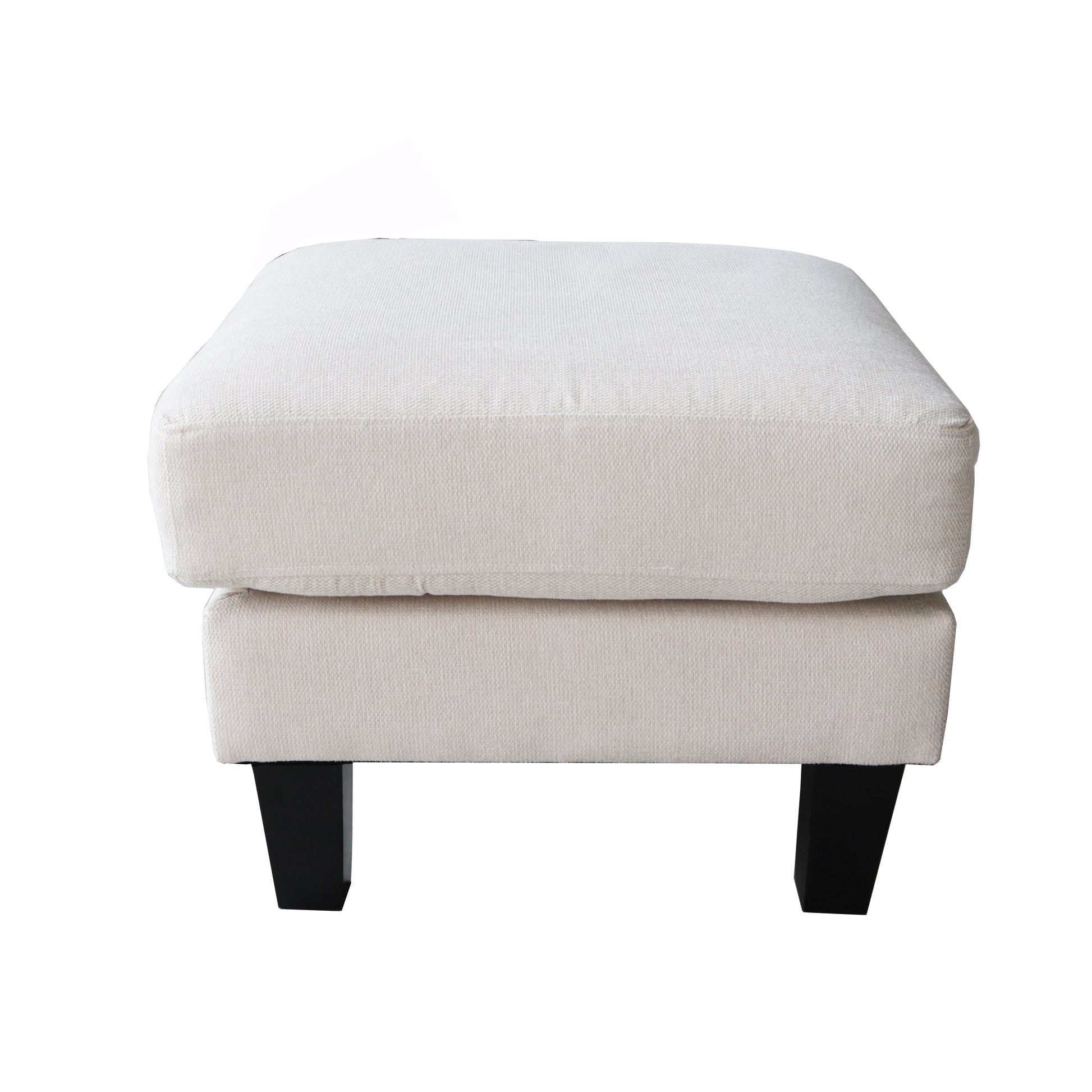 Beige ottoman with black legs on a white background