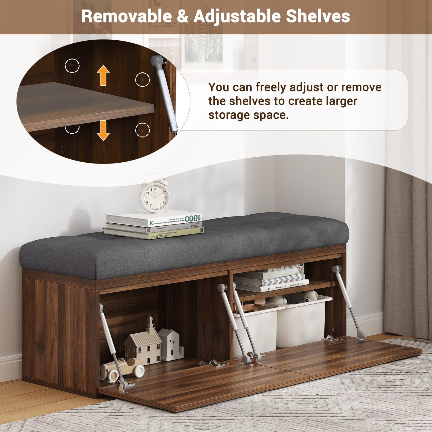 Tufted Chenille 49" Storage Bench with Adjustable Shelves