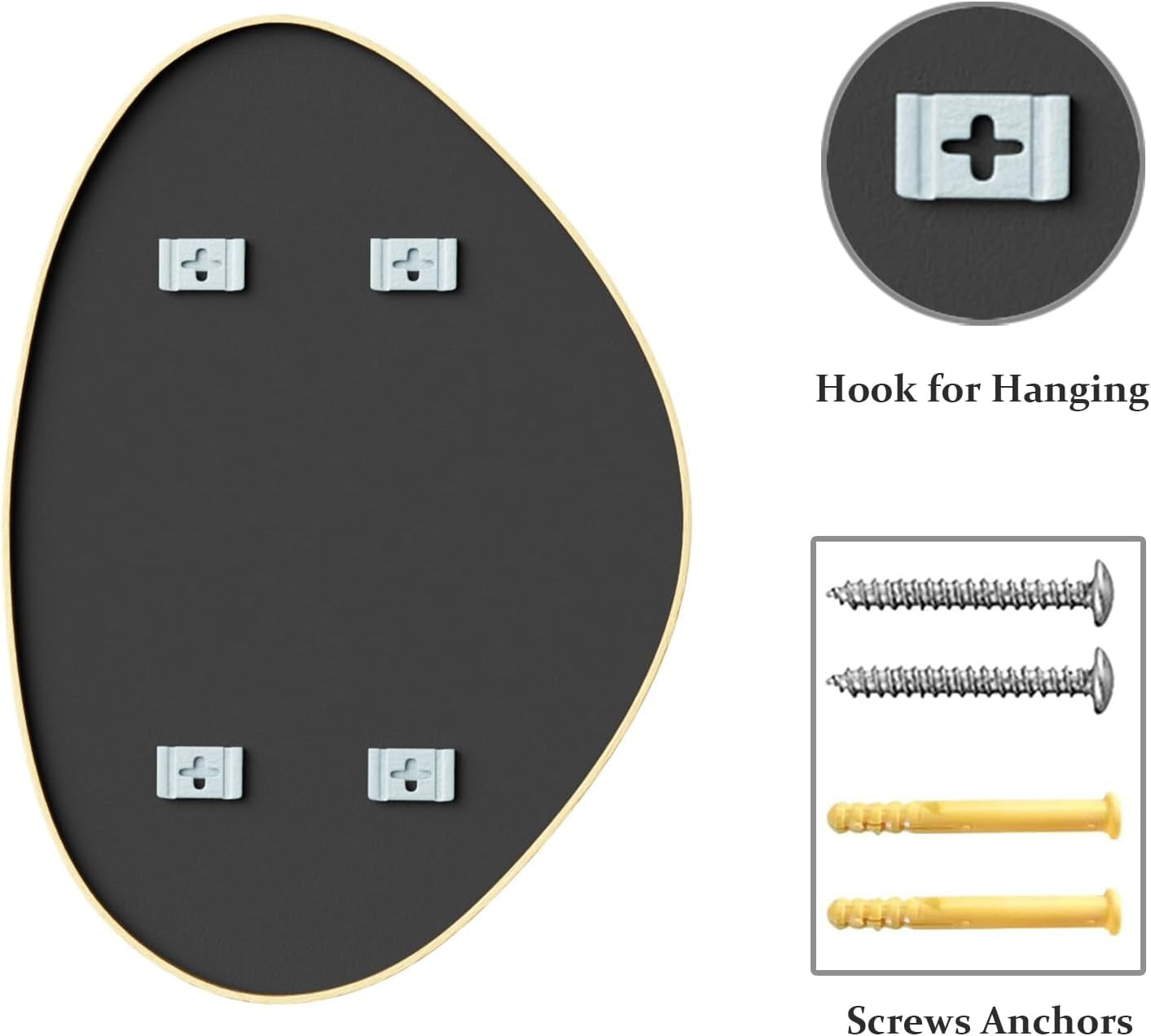 Black wall art panel with hooks, screws, and anchors displayed on a white background.