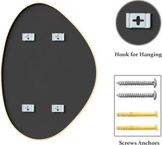 Black wall art panel with hooks, screws, and anchors displayed on a white background.