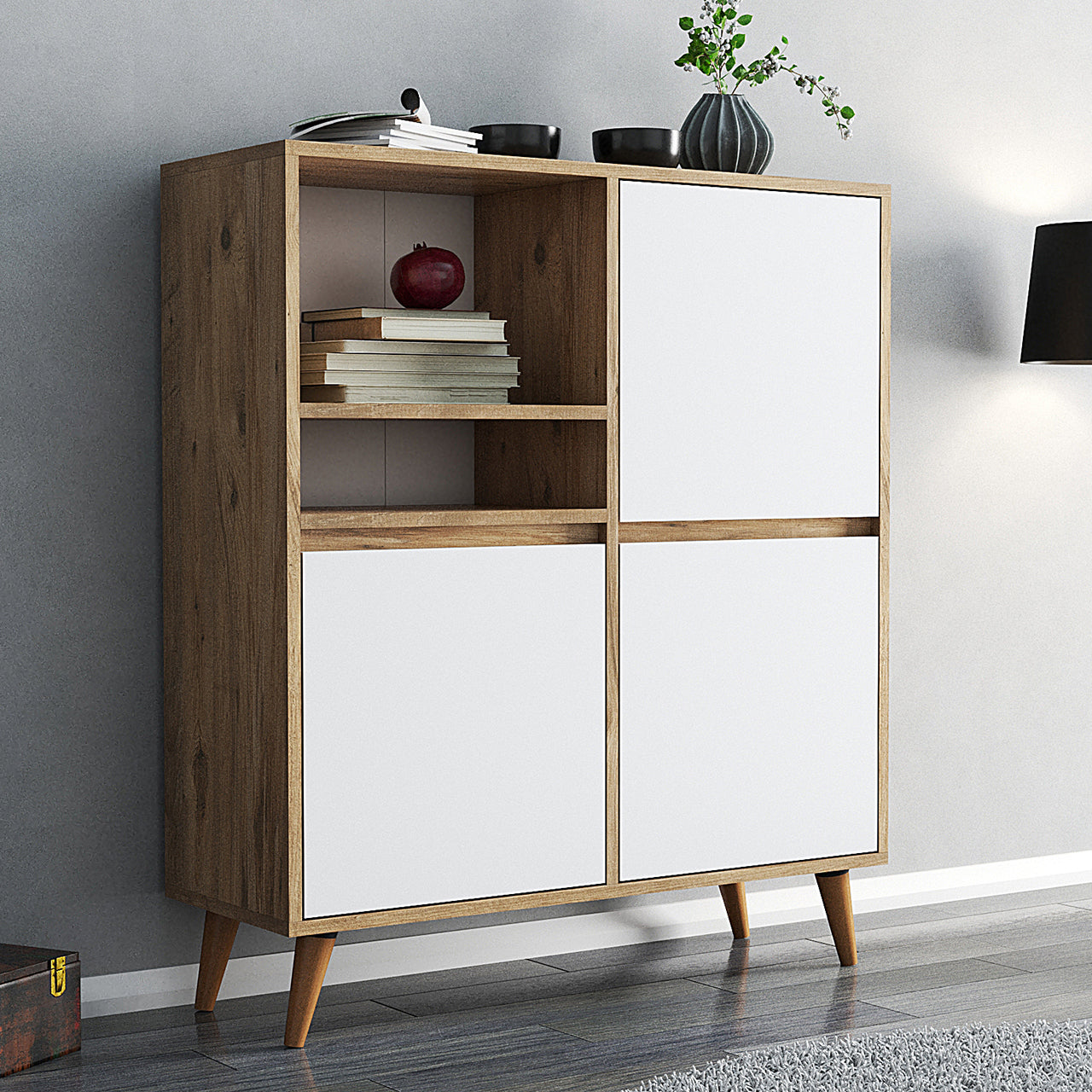 Wooden cabinet with white doors against a gray wall